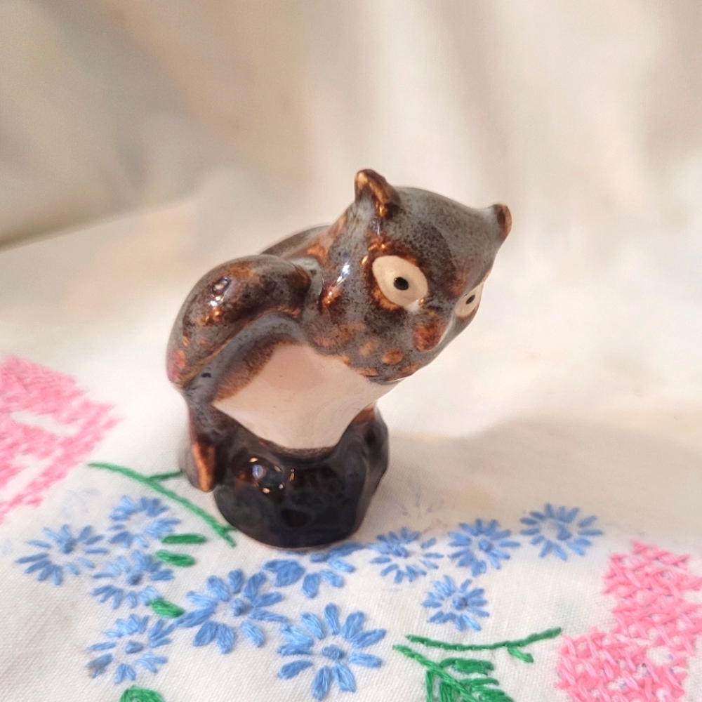 4/$26 Miniature Ceramic Owl Figurine with Brown & Blue Glaze